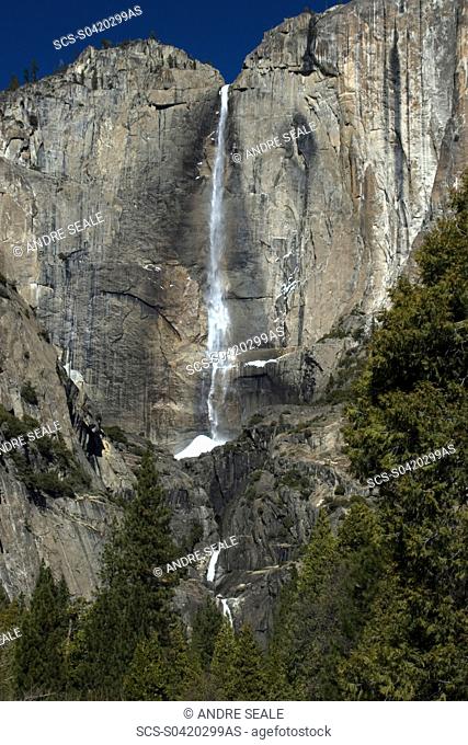 Upper Yosemite Falls with snow on the bottom, Yosemite National Park, California, USA