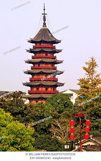 Ancient Chinese Ruigang Pagoda Dates Back to Song Dynasty Red Lanterns Suzhou China