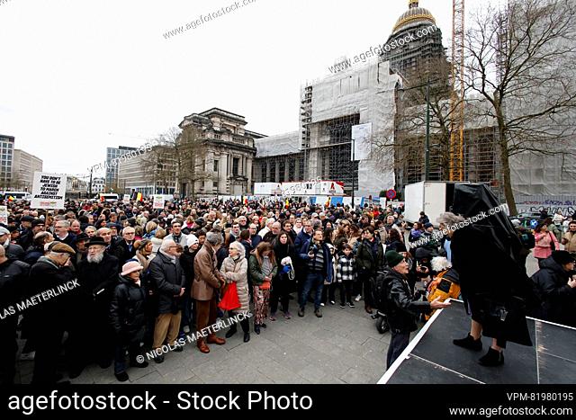 People gather for a national march against antisemitism organized by the CCOJB coordination of Jewish organization in Belgium