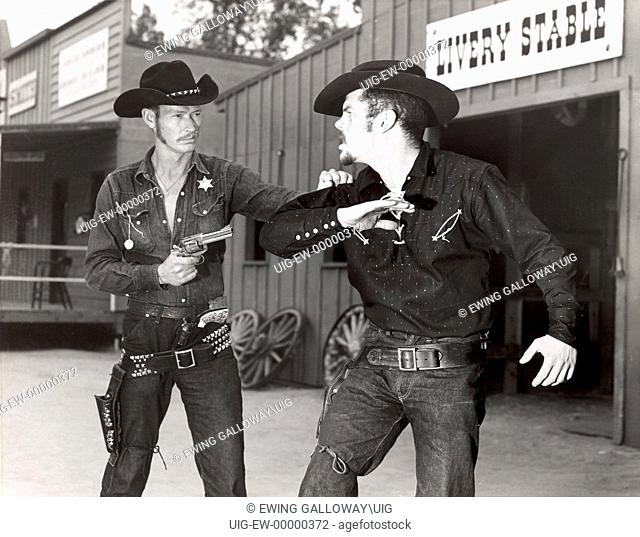 Sheriff with gun stopping cowboy