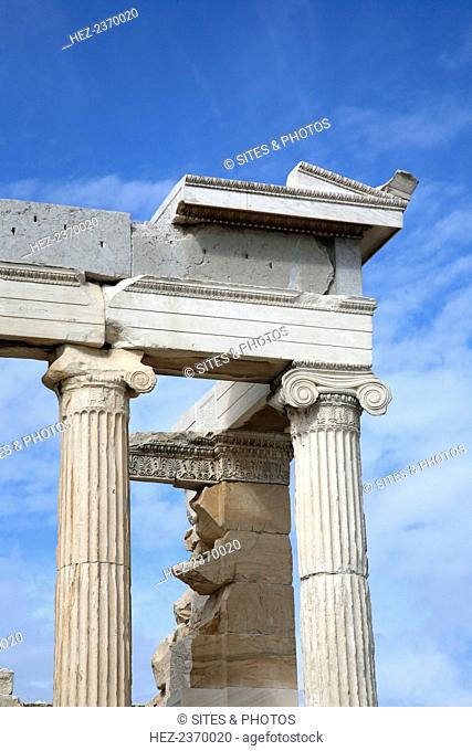 The Sanctuary of Athena, the Erechtheion, The Acropolis, Athens, Greece. The Erechtheion is an ancient Greek temple that was built in honour of the legendary...