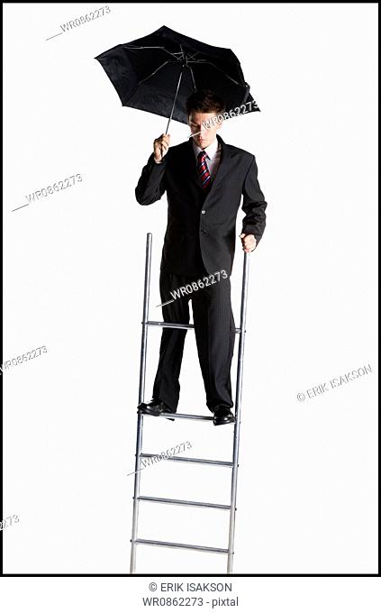 Businessman on corporate ladder holding umbrella