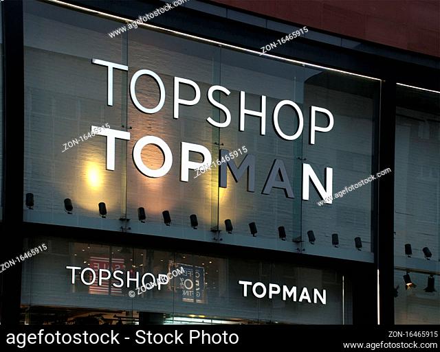 Leeds, West Yorkshire, United Kingdom - 3 December 2020: sign above the door of the topshop and topman building building in Briggate in the centre of Leeds