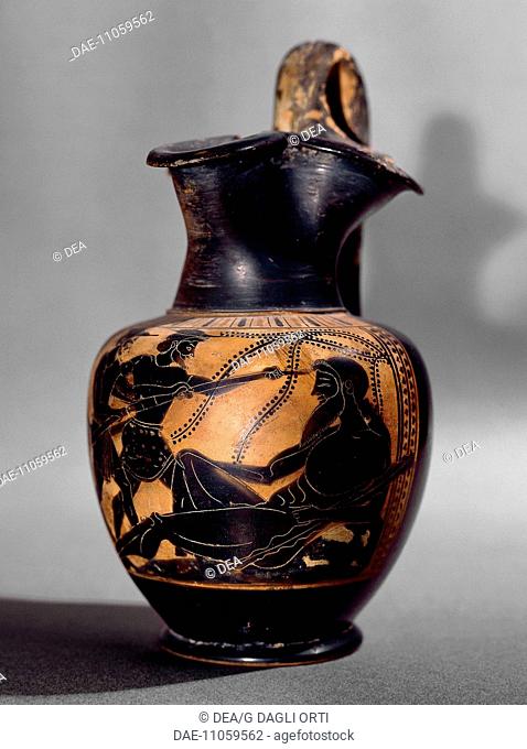 Oinochoe showing a scene depicting Ulysses blinding Polyphemus, black-figure pottery. Greek Civilization, 5th Century BC.  Paris, Musée Du Louvre