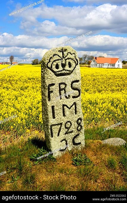 Mile stone at a field of rape with farms and trees in Sjörup, Scania, Sweden; Europe