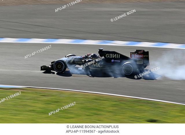 2015 Formula 1 Winter Testing Day 4 Jerez Feb 4th. Lotus F1 Team driver Romain Grosjean locks up his tyres during the final day of the Jerez test