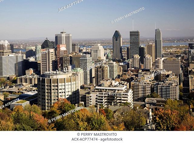 Montreal skyline taken from the lookout on Mount Royal Park in autumn, Montreal, Quebec, Canada
