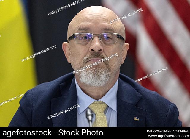 08 September 2022, Rhineland-Palatinate, Ramstein: Ukrainian Defense Minister Olexiy Resnikov takes his seat at the beginning of the Ukraine Conference at the U