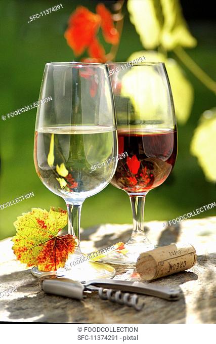A glass of red wine and a glass of white wine