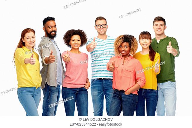 diversity, race, ethnicity and people concept - international group of happy smiling men and women showing thumbs up over white