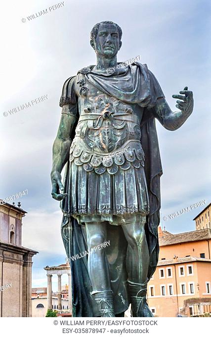 Julius Caesar Bronze Statue Roman Forum Rome Italy. Julius Caesar rebuilt Roman Forum in 46 BC Copy of ancient statue of Julius Caesar