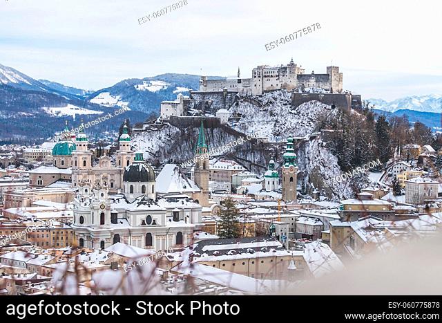 Panorama of Salzburg in winter: Snowy historical center