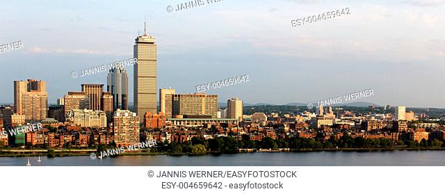 Panoramic view of the Boston, MA riverfront neigborhoods of Back Bay and Brookline, including the landmark Prudential Tower Seen from near Kendall/MIT across...