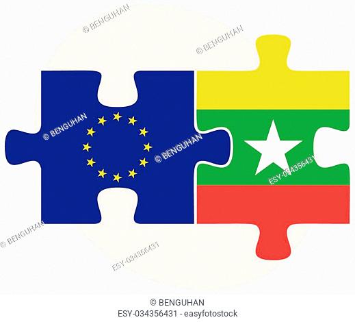 European Union and Myanmar Flags in puzzle isolated on white background