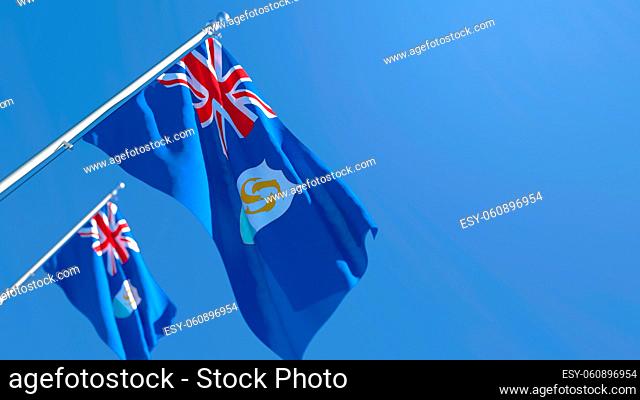 3D rendering of the national flag of Anguilla waving in the wind against a blue sky