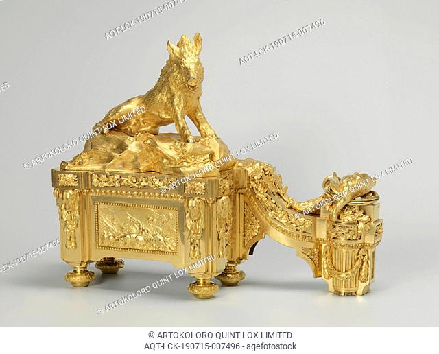 Fire-goat of gilded bronze with animal heads, rosettes, grape vines and a hunting scene on a rectangular base, a deer and shot game, Gilt bronze fire-goat