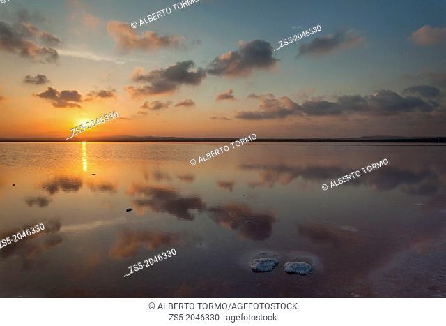 Sunset with lumps in the saltworks of Torrevieja, Costa Blanca, Alicante, Spain, Europe
