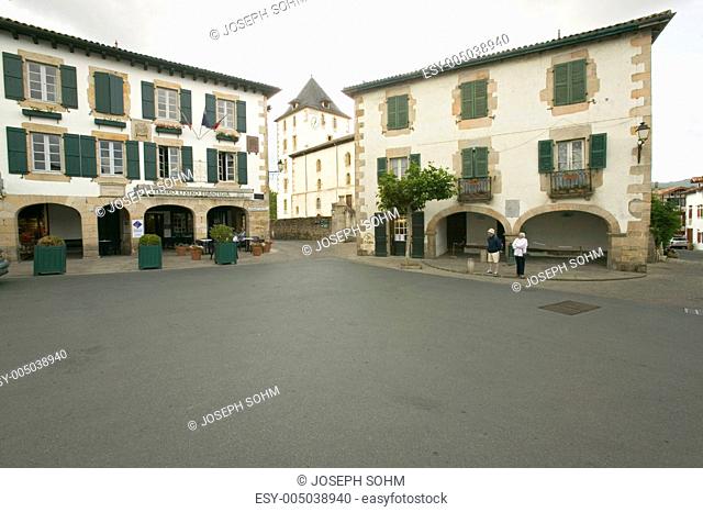 Town center of Sare, France in Basque Country on Spanish-French border, a hilltop 17th century village surrounded by farm fields, in the Labourd province
