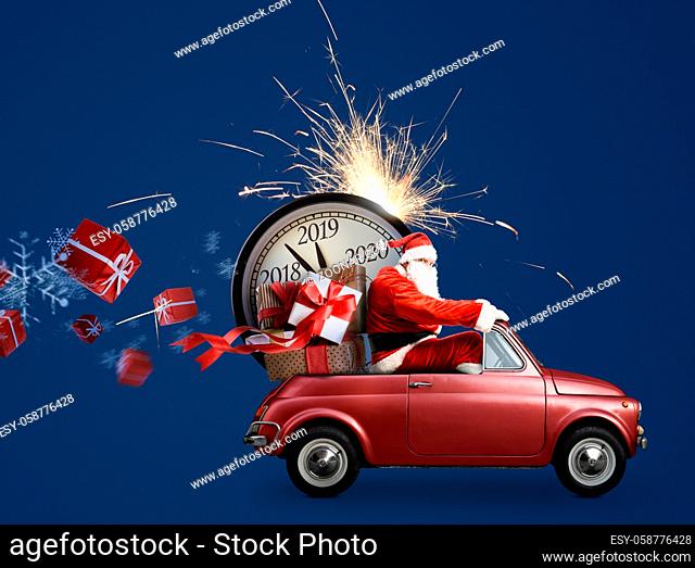 Christmas countdown arriving. Santa Claus on car delivering New Year gifts and clock at blue background