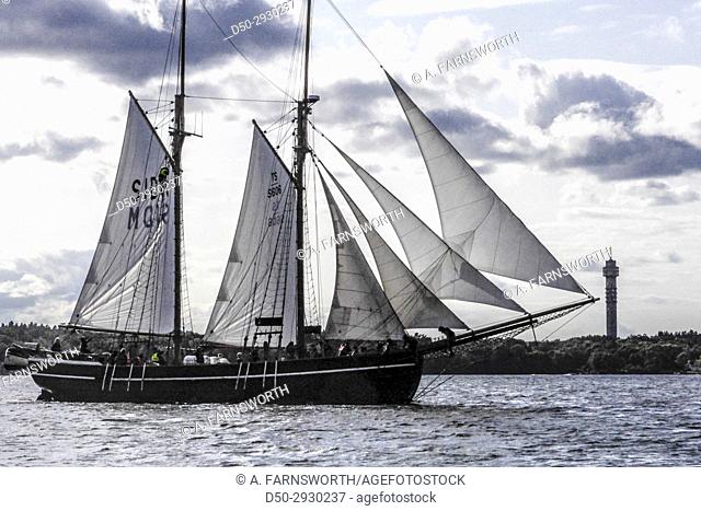 STOCKHOLM, SWEDEN Sailing ship and Kaknäs Tornet