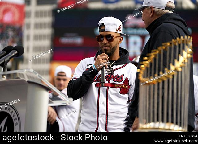 NLCS MVP Eddie Rosario addresses fans at a ceremony after a parade to celebrate the World Series Championship for the Atlanta Braves at Truist Park in Atlanta
