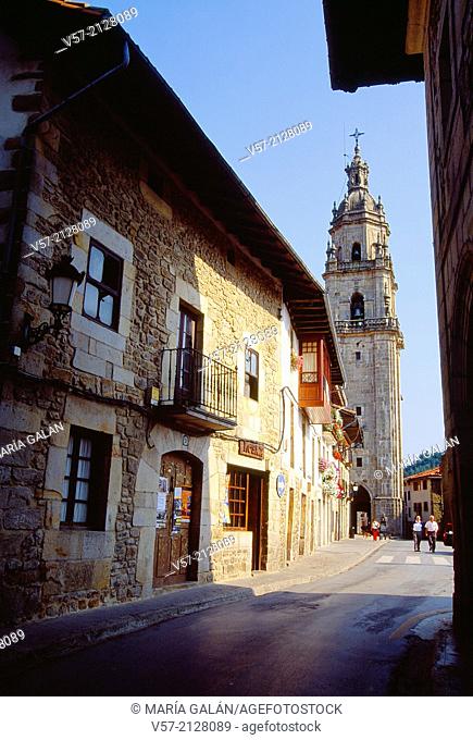 Street and Santa Marina church. Otxandio, Vizcaya province, Basque Country, Spain