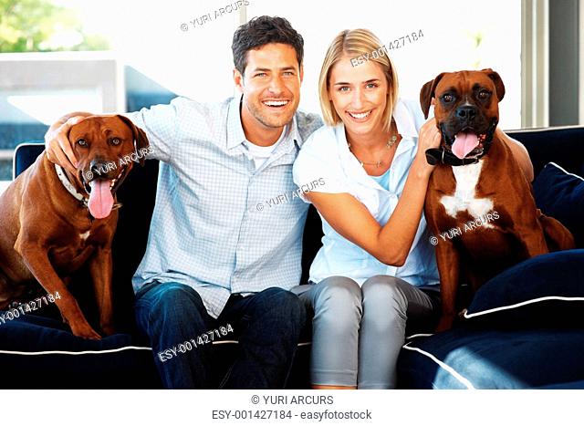 Portrait of a happy young couple sitting on sofa with their dogs at home - Indoor