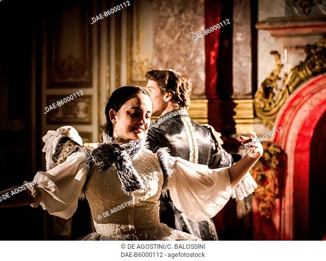 Dancer, courtship party (Fete galante) with participants wearing clothes from the Louis XIV period, Palace of Versailles, France