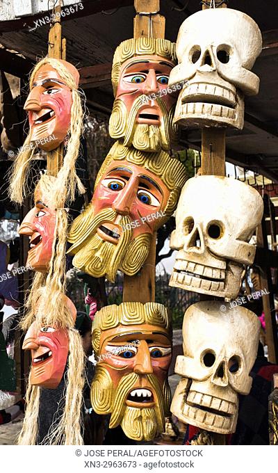 Los Viejitos Costume Mask and Skull mask used Day of the Dead celebrations, store in Pátzcuaro, state of Michoacán, Mexico, Central America