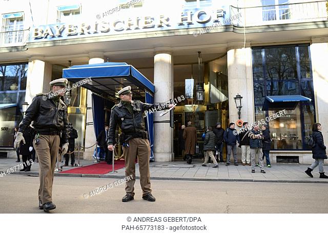 Police officers secure the entrance area around the Bayerischer Hof hotel in Munich, Germany, 11 February 2016. The 52nd Munich Security Conference (MSC) kicks...