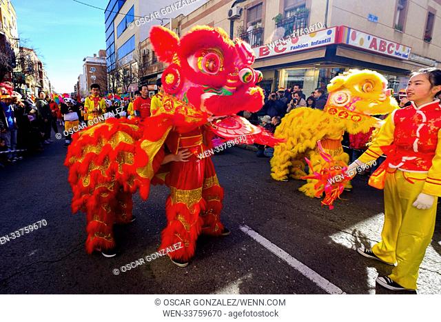 Parade to mark the Lunar New Year, or Spring Festival, in Madrid, Spain. The Chinese Lunar New Year, the Year of the Dog