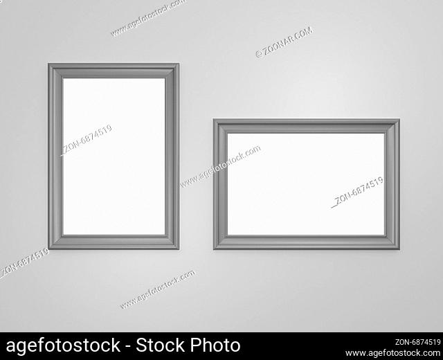 Blank horizontal wooden photo frames on gray wall