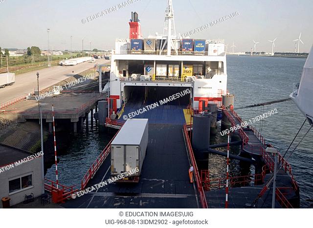 Loading lorries onto cargo ship, Port of Rotterdam, Netherlands