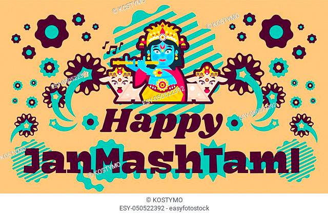 Creative illustration of an invitation to the celebration, banner, poster for the Indian festival of Janmashtami. Lord Krishna playing flute in jewelry