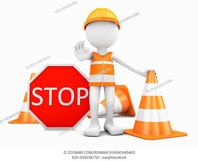 Road worker with helmet and traffic sign with cones. 3d rendering