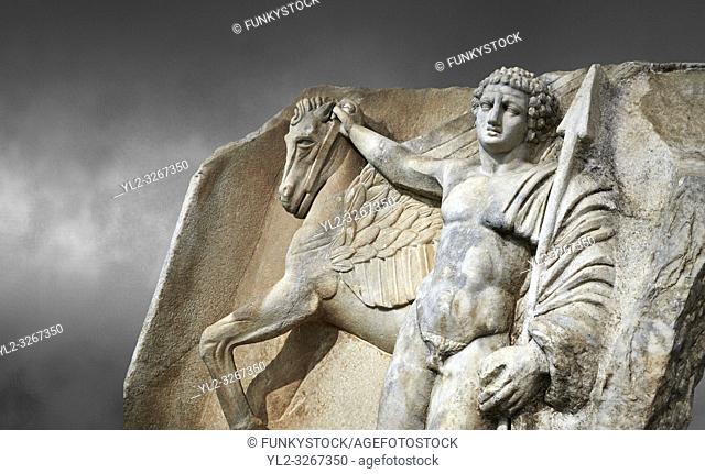 Close up of a Roman Sebasteion relief sculpture of Bellerophon Aphrodisias Museum, Aphrodisias, Turkey. . . Bellerophon was a Lykian hero and was claimed as a...