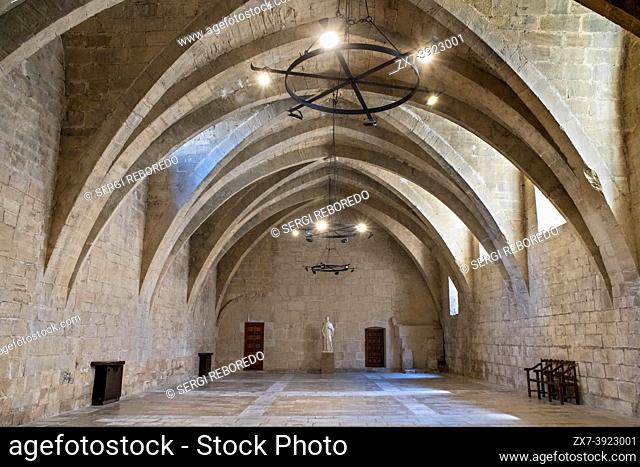 Winery room in Royal Abbey of Monasteri de Santa Maria de Poblet, Conca de Barbera Tarragona Province, Catalonia, Spain. The Cistercian monastery was founded in...