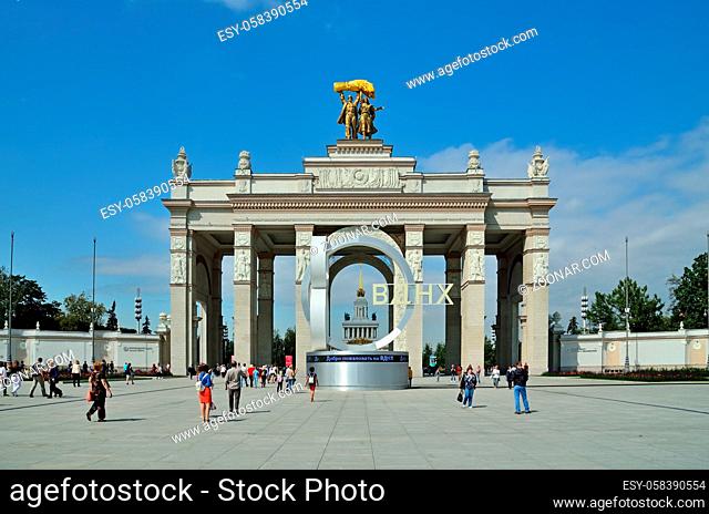 Moscow, Russia - august 12, 2019: The main entrance to VDNKh. Exhibition of Achievements of National Economy is a permanent general purpose trade show and...