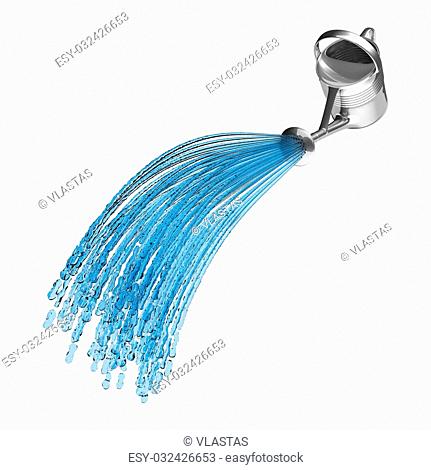 Watering can with running water isolated on the white background without shadow. 3D rendered glossy silver bucket