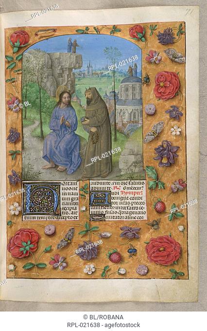 Temptation of Christ, Whole folio The Temporale, Lent 1. Christ with the devil, dressed as a monk, holding a stone. Behind, the other temptations