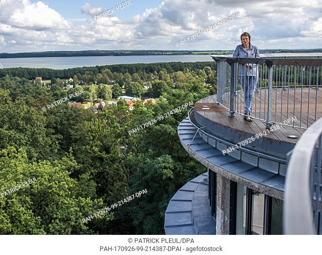 Sarah Phlipps of the Biorama-project stands on the observatory platform of her water tower in Joachimsthal, Germany, 20 September 2017