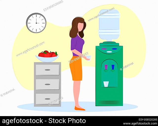 business woman drinks water from a cooler in the office. vector illustration. mini business concept