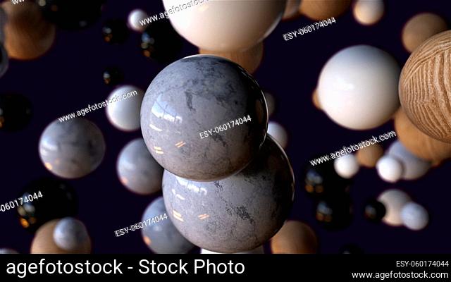 Marble stone 3d render balls falling into void. Wooden embossed bubbles in realistic slow motion. Abstract molecules in chaotic flight with futuristic...