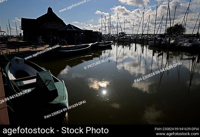24 August 2023, Mecklenburg-Western Pomerania, Dierhagen: Sun and clouds are reflected in the water in the Bodden harbor of the Baltic peninsula Fischland