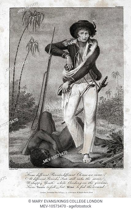 John Gabriel Stedman (1744-1797) in military uniform, standing over the body of a dead slave after he and his men had destroyed a village belonging to escaped...
