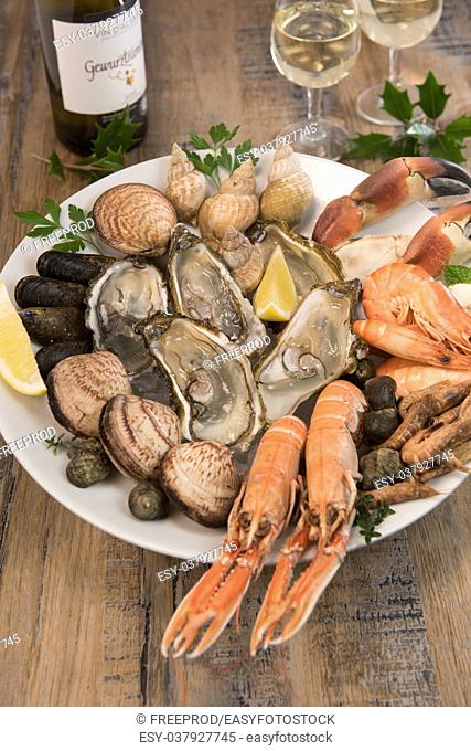 Fresh seafood platter with lobster mussels and oysters, France