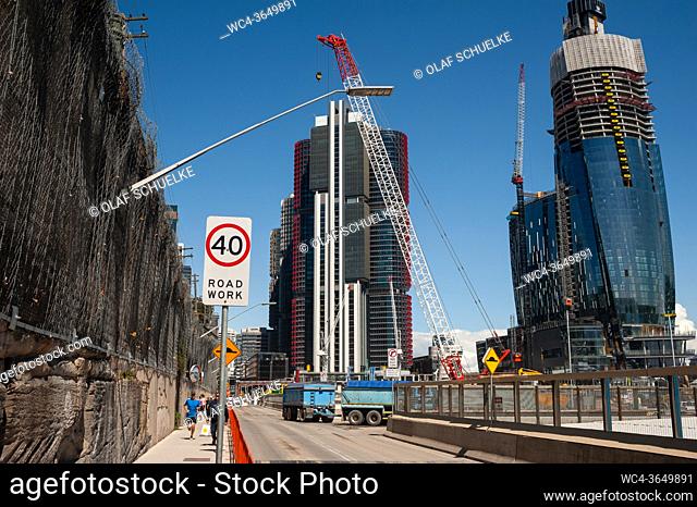 Sydney, New South Wales, Australia - Construction site with the new landmark of the Crown Sydney project still under construction and the modern skyscrapers of...