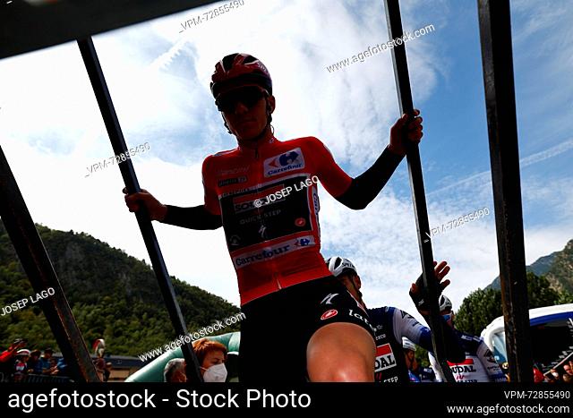 Belgian Remco Evenepoel of Soudal Quick-Step, wearing the red jersey of the leader in the general ranking, pictured at the start of stage 4 of the 2023 edition...