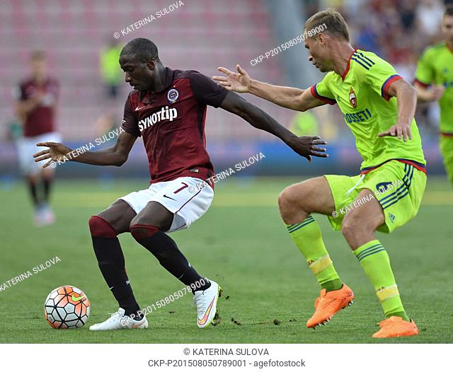Kehinde Fatai, of Sparta, left to right, and Aleksei Berezutski of CSKA Moscow in action during the third qualifying round of the Champions League return match...