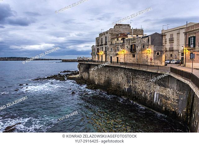Evening view on the Ortygia island, historical part of Syracuse city, southeast corner of the island of Sicily, Italy